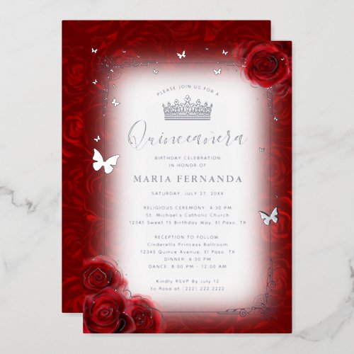 Elegant Floral Watercolor Red Rose Quinceanera Foil Invitation