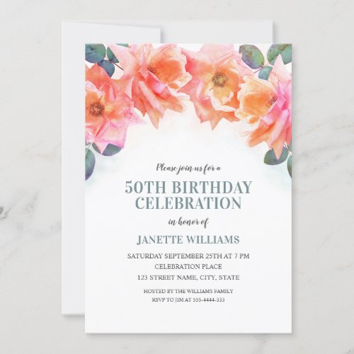 Elegant Floral Watercolor Rose 50th Birthday Party Invitation