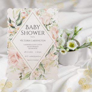 Elegant Floral Watercolor Scalloped Shimmer Baby Invitation