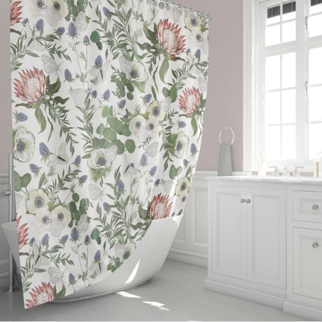 Elegant Floral Watercolor Shower Curtain (Romantic Floral Elegance Protea Anemones Thistle Shower Curtain from Studio Posies. )