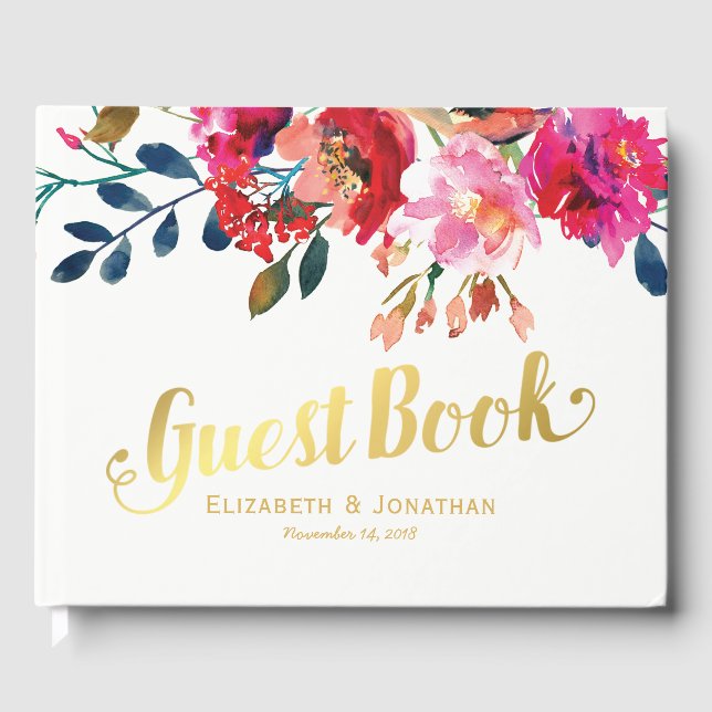 Elegant Floral Watercolor Stylish Gold Wedding Guest Book (Front)