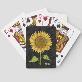    Elegant Floral Watercolor Sunflower Monogrammed Poker Cards