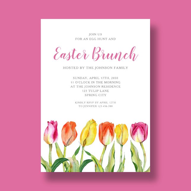 Elegant Floral Watercolor Tulips Easter Brunch  Invitation (Colorful Floral Watercolor Tulip Easter Brunch Invitation)