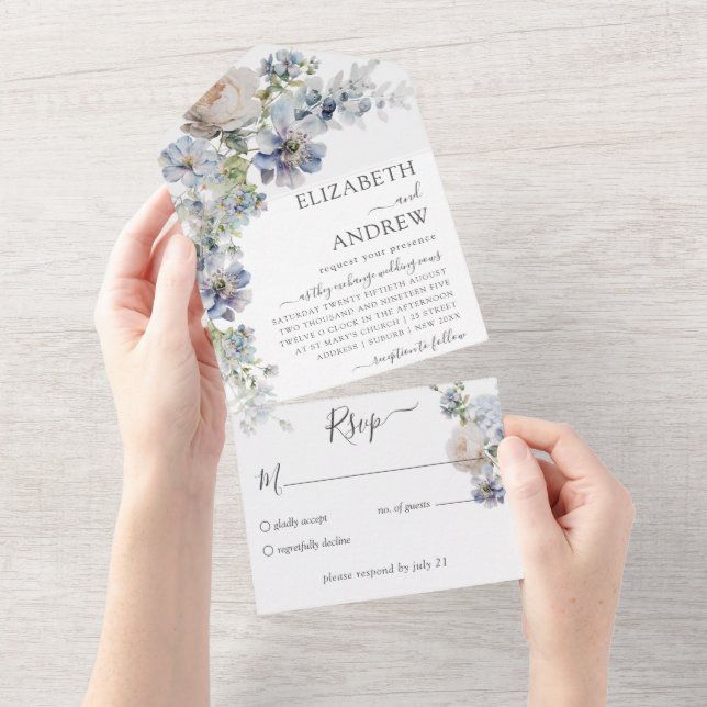 Elegant Floral Watercolor Wedding All In One Invitation (Tearaway)