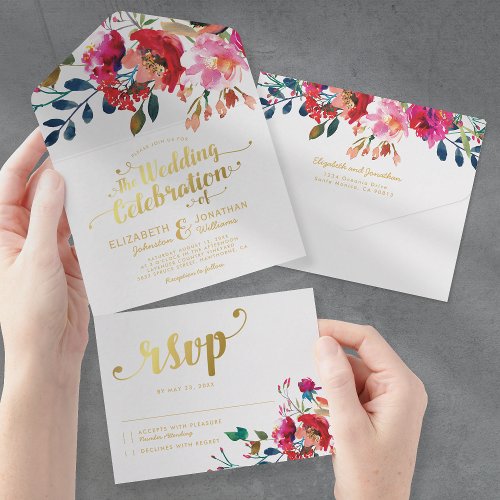 Elegant Floral Watercolor White Gold Wedding All In One Invitation