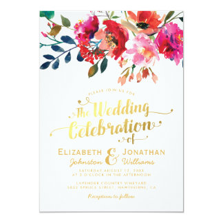 Elegant Floral Watercolor White Gold Wedding Invitation