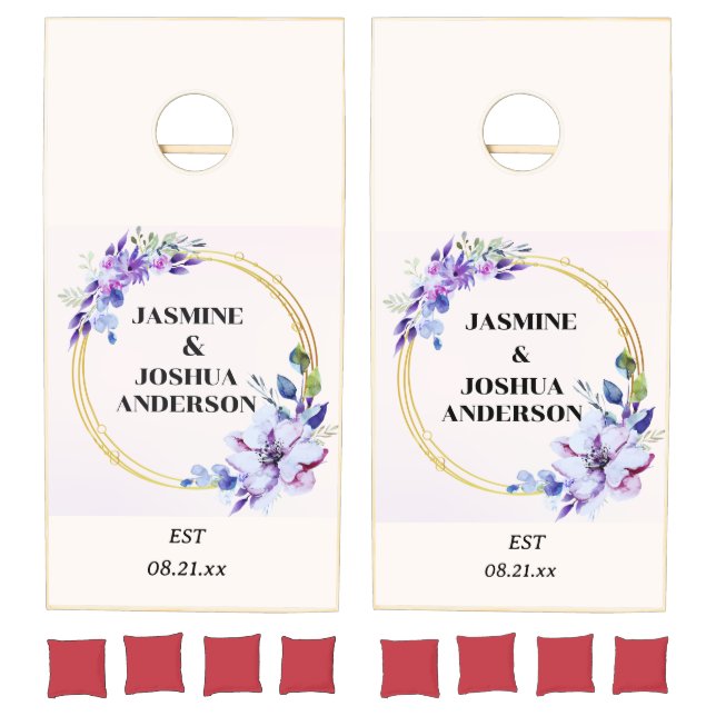 Elegant Floral Watercolour Gold Circle Wedding Cornhole Set (Set)