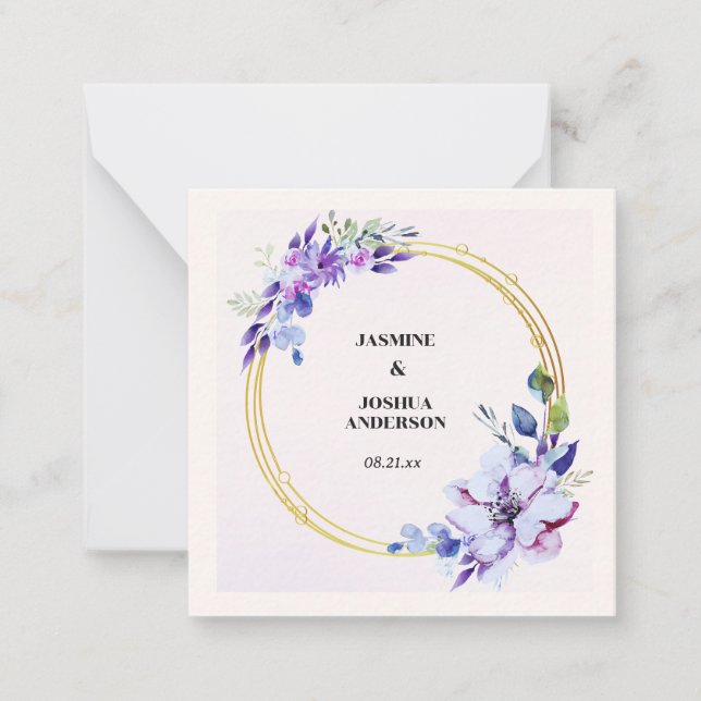 Elegant Floral Watercolour Gold Circle Wedding Note Card (Front)