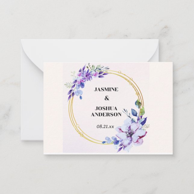 Elegant Floral Watercolour Gold Circle Wedding Note Card (Front)