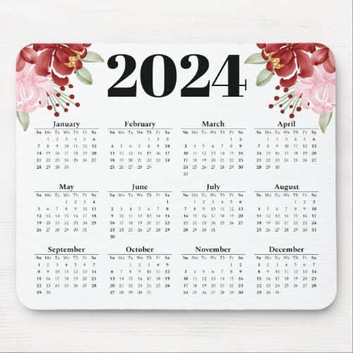Elegant Floral watercolour white 2024 Calendar  Mouse Pad