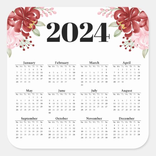 Elegant Floral watercolour white 2024 Calendar  Square Sticker