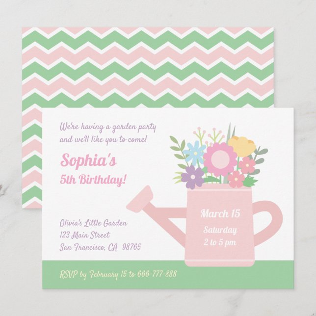 Elegant Floral Watering Can Garden Birthday Party Invitation (Front/Back)