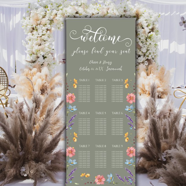 Elegant Floral  Wedding 9 Tables Seating Chart Retractable Banner (Creator Uploaded)