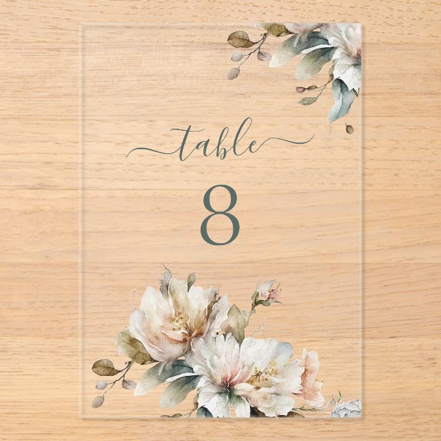 Elegant Floral Wedding Acrylic Clear Table Number (Front)