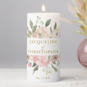 Elegant Floral Wedding Blush Pink Gold Pillar Candle