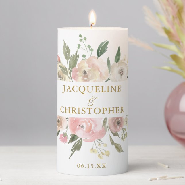 Elegant Floral Wedding Blush Pink Gold Pillar Candle (In Situ)
