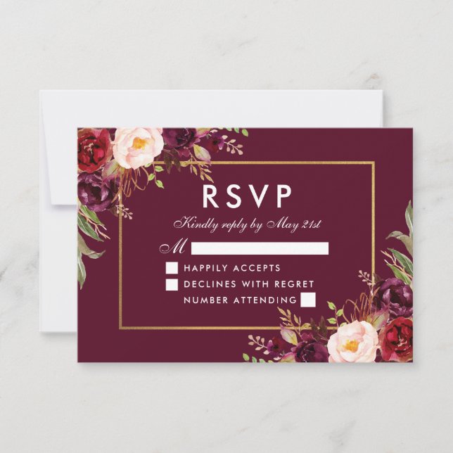 Elegant Floral Wedding Burgundy Gold RSVP Card (Front)
