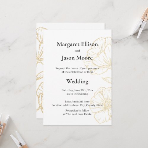 Elegant Floral Wedding, Charcoal and Gold Flowers Invitation