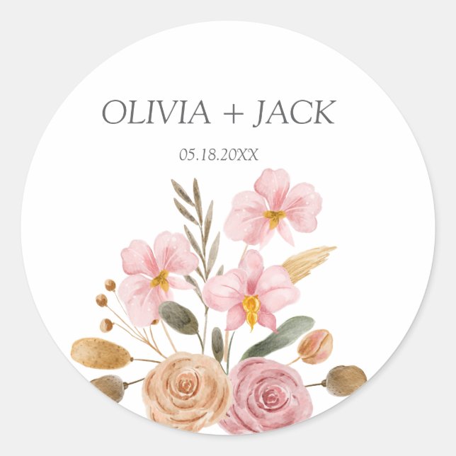 Elegant Floral Wedding Classic Round Sticker (Front)