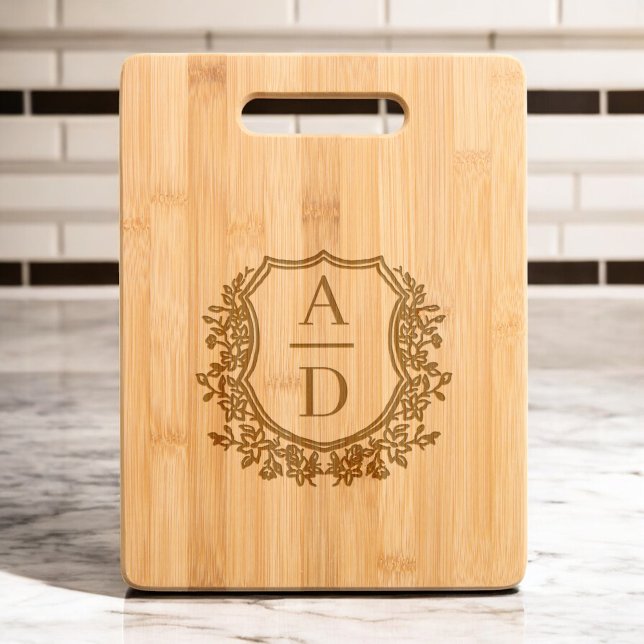 Elegant Floral Wedding Crest Monogram Engraved Cutting Board (Creator Uploaded)