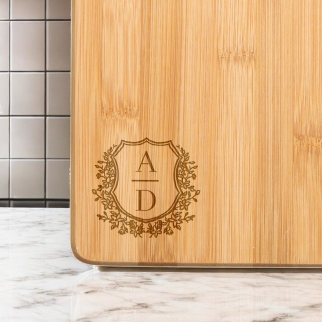 Elegant Floral Wedding Crest Monogram Engraved Cutting Board (Creator Uploaded)