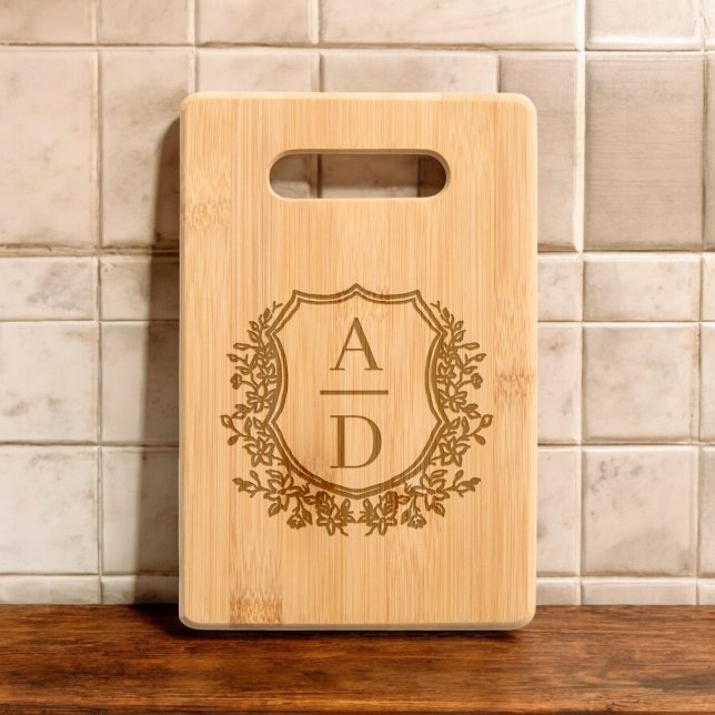 Elegant Floral Wedding Crest Monogram Engraved Cutting Board (Creator Uploaded)
