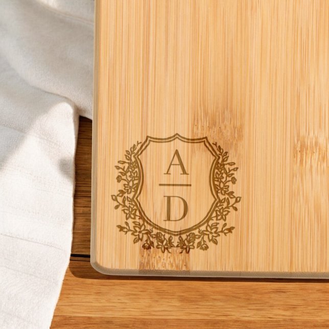 Elegant Floral Wedding Crest Monogram Engraved Cutting Board (Creator Uploaded)