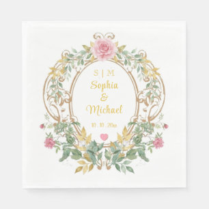 Elegant Floral Wedding Crest Vintage Gold Monogram Napkins