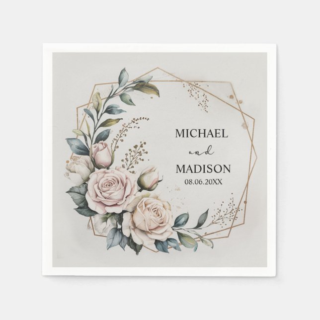 Elegant Floral Wedding Custom Names & Date Gold  Napkins (Front)