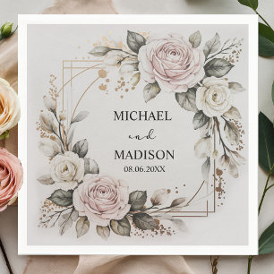 Elegant Floral Wedding Custom Names & Date Gold  Napkins