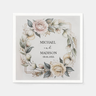 Elegant Floral Wedding Custom Names & Date Gold Napkins