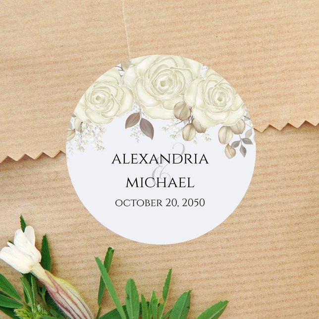 Elegant Floral Wedding Favor Personalized Classic Round Sticker (Light blue and roses wedding favor stickers.)
