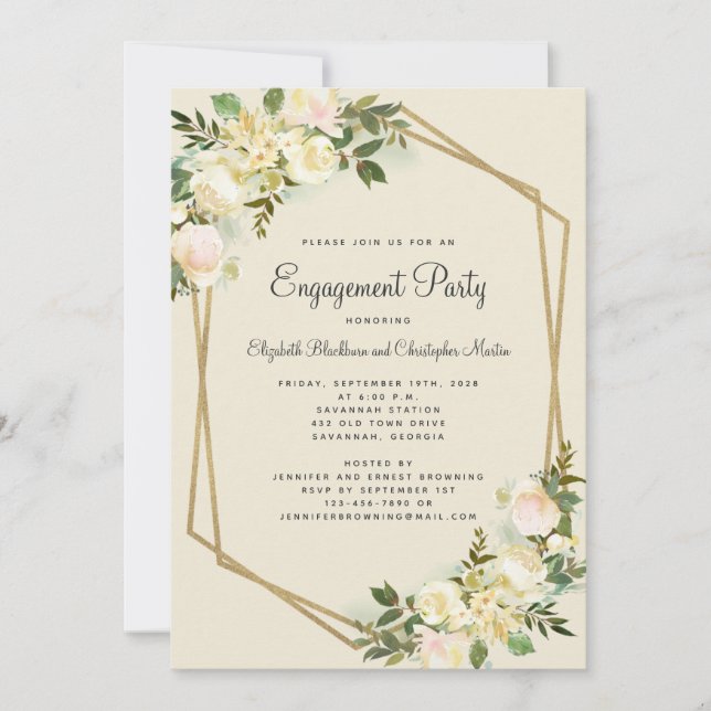 Elegant Floral Wedding Gold Engagement Party Invitation (Front)