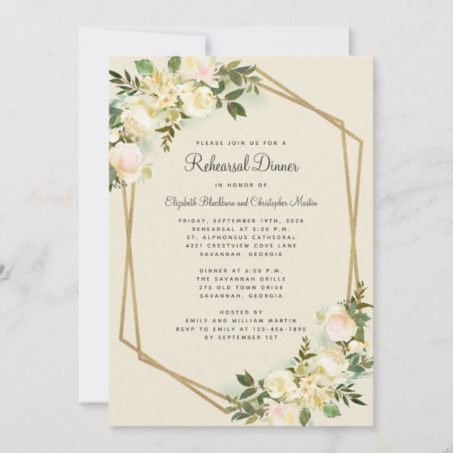 Elegant Floral Wedding Gold Rehearsal Dinner Invitation (Front)
