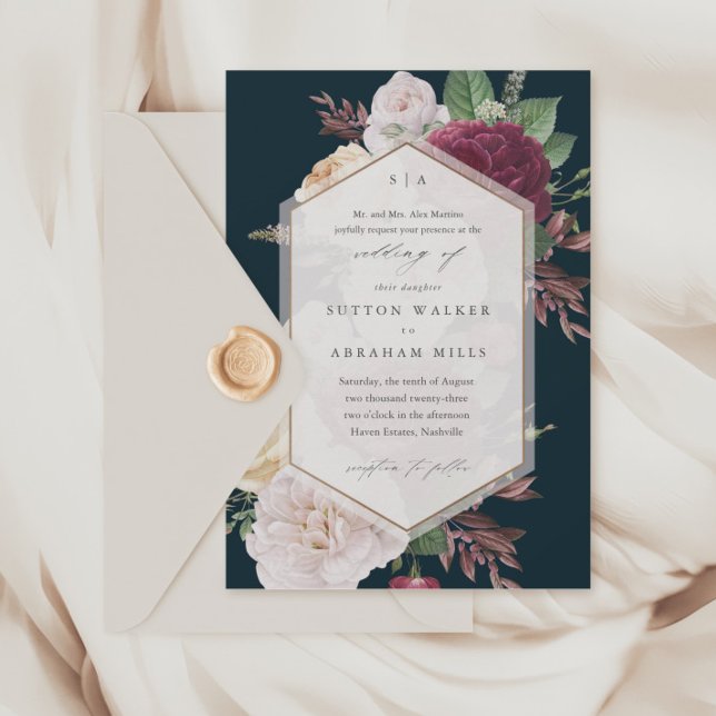 Elegant Floral Wedding Invitation (Vintage floral bouquet navy blue wedding invitations.)