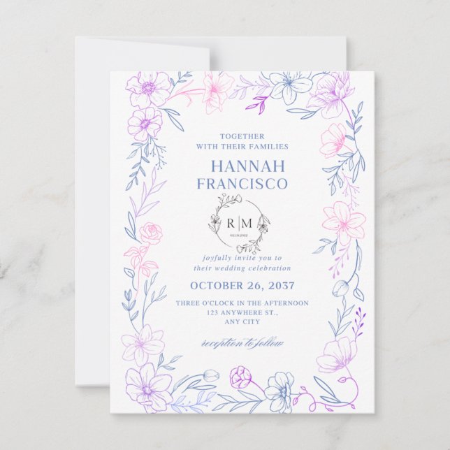 : Elegant Floral Wedding Invitation Card Blue  (Front)
