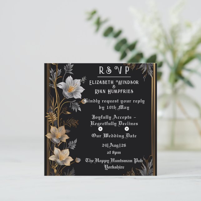  Elegant Floral Wedding Invitation Gold & Silver  (Standing Front)