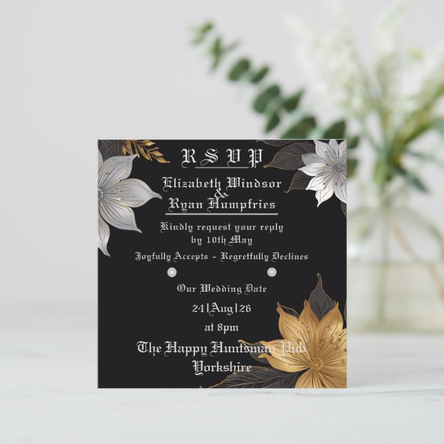  Elegant Floral Wedding Invitation Gold & Silver  (Standing Front)