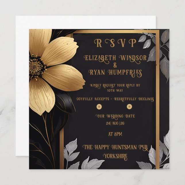  Elegant Floral Wedding Invitation Gold & Silver  (Front/Back)