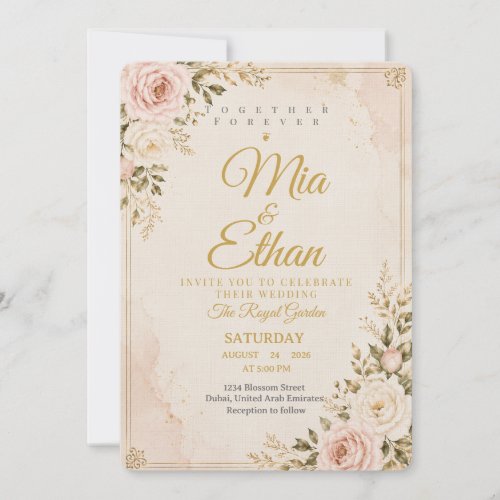 Elegant Floral Wedding Invitation Gold Style