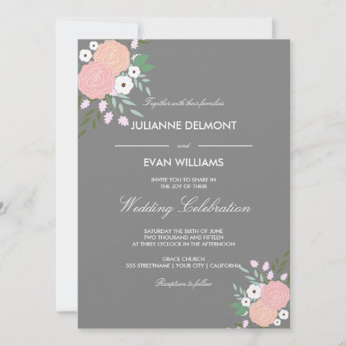 Elegant floral wedding invitation - gray 5.5" x 7.5" invitation card