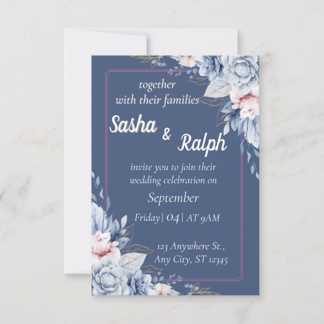 Elegant Floral Wedding Invitation in Blue and Pink (Front)