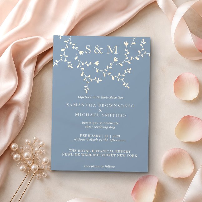 Elegant Floral Wedding Invitation in Blue Beige