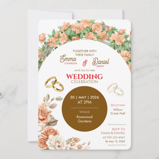 Elegant Floral Wedding Invitation – Peach & Gold (Front)