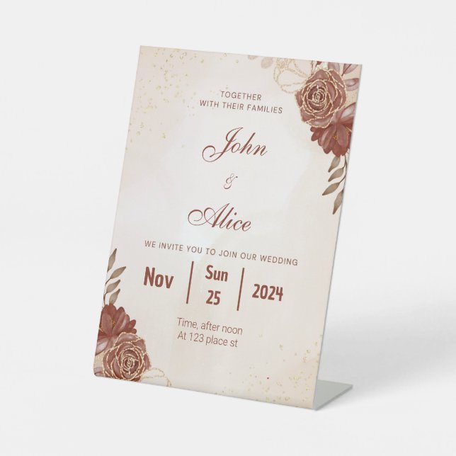 Elegant Floral Wedding Invitation Pedestal Sign (Front)
