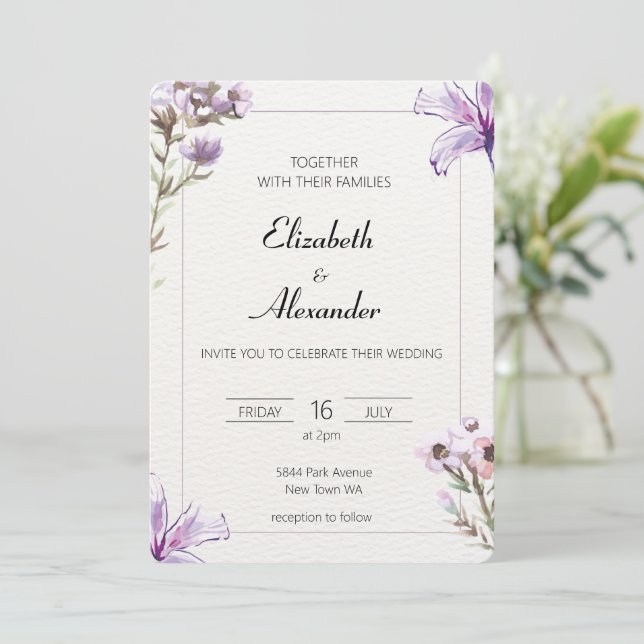 Elegant floral wedding invitation purple flowers  (Standing Front)