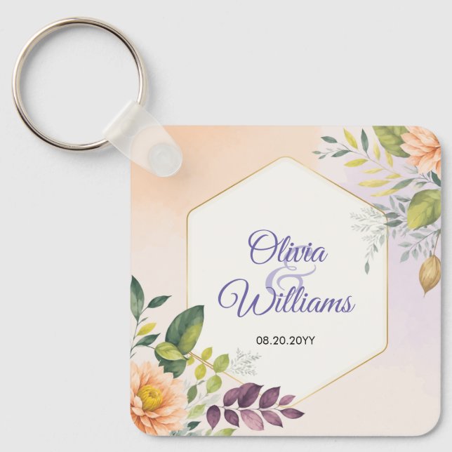 Elegant Floral Wedding Invitation Template Keychain (Front)