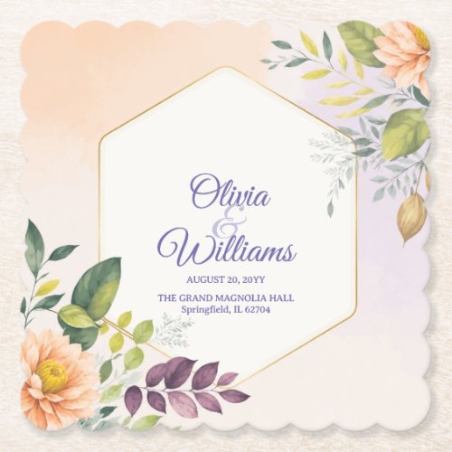 Elegant Floral Wedding Invitation Template Paper Coaster