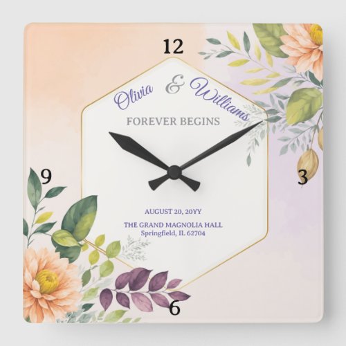 Elegant Floral Wedding Invitation Template Square Wall Clock