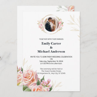 Elegant Floral Wedding Invitation with Gold Accent